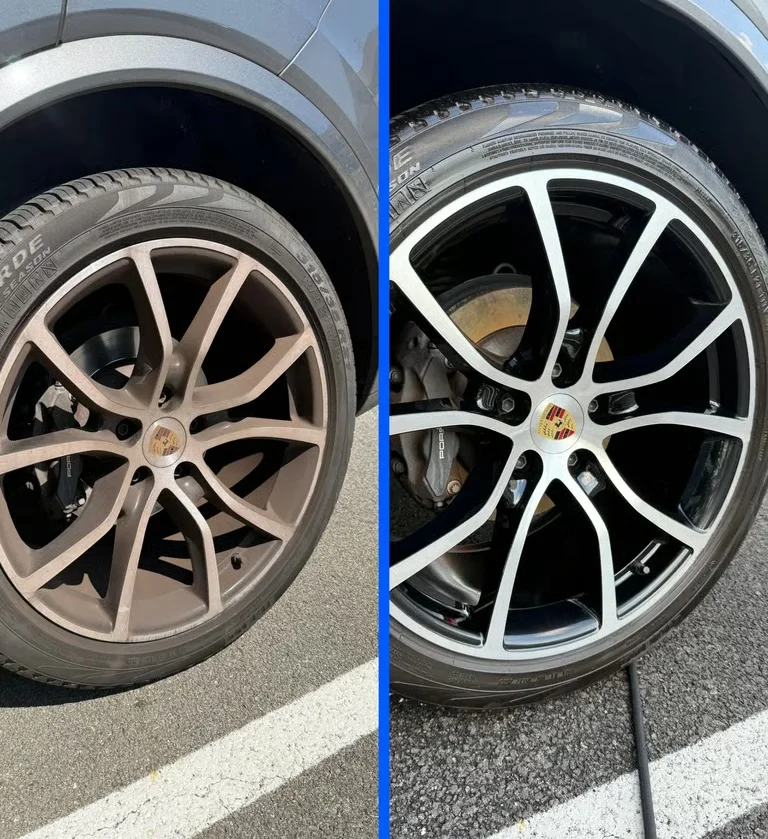 Before and after exterior wheel cleaning on a Porsche