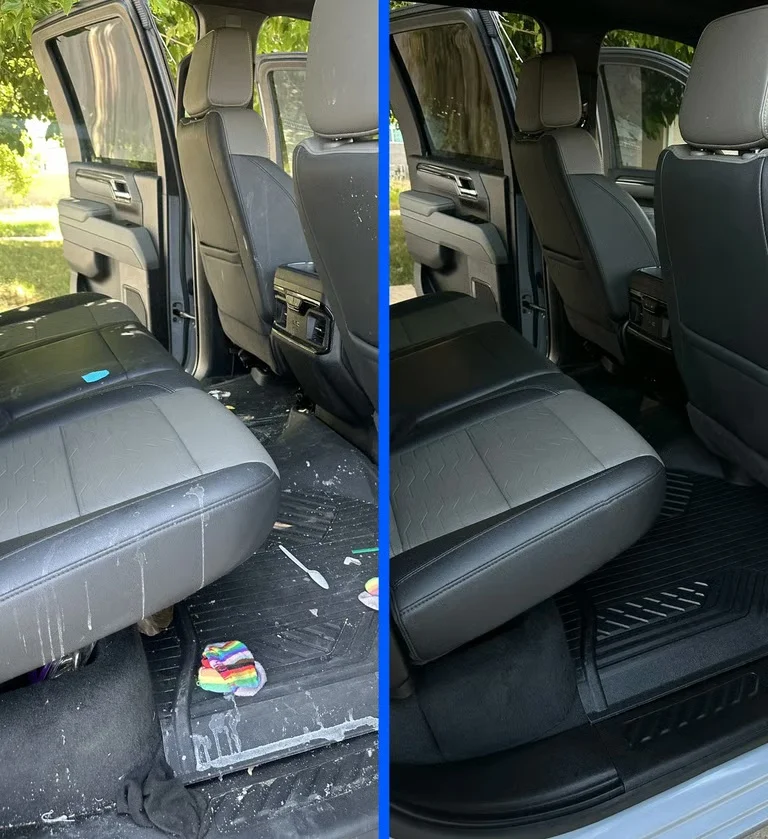 Before and after interior car detailing for rear seats and floor mats